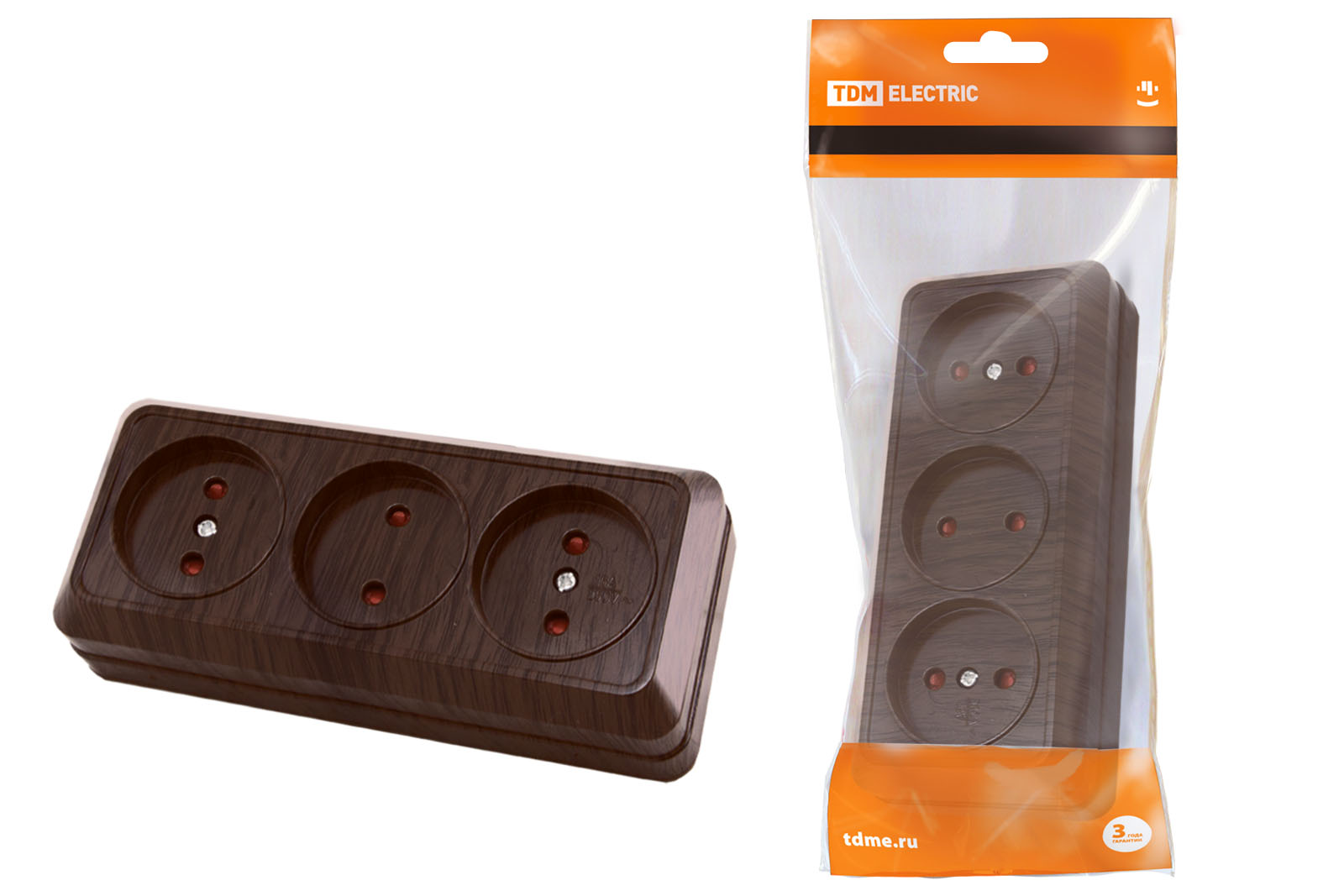 РозеткаTDM 3-х местная гориз. 2П откр.установки IP20 10A бук